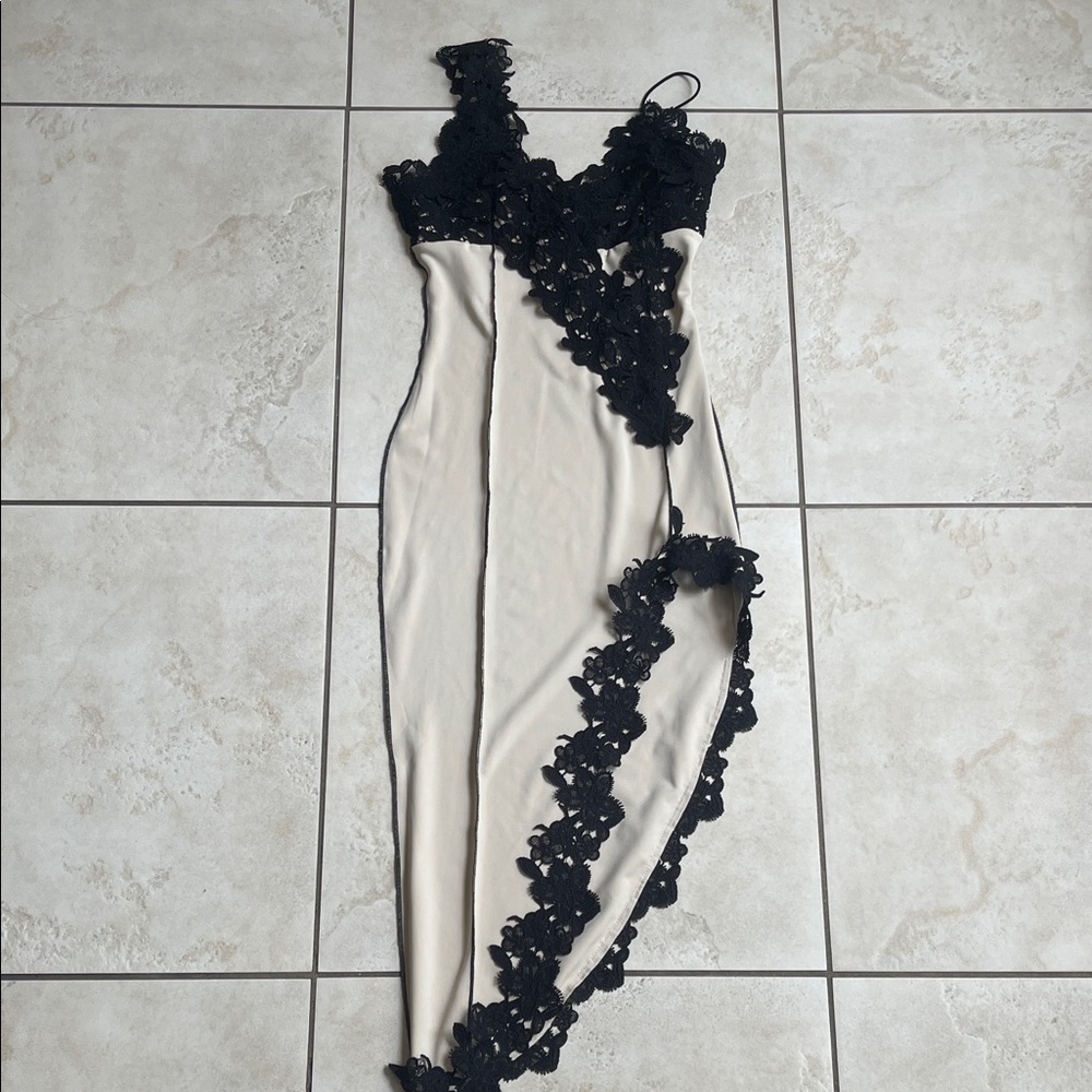 Micas Elegant Black Lace Trim Beige Slip Dress